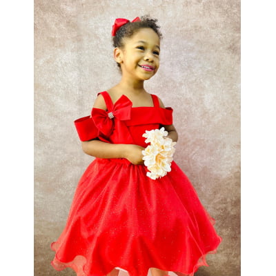 Vestido Infantil de Alça Vermelho Saia Glitter e Broche Festas