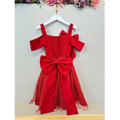 Vestido Infantil de Alça Vermelho Saia Glitter e Broche Festas