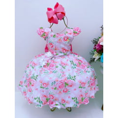Vestido Infantil Florido Rosa Aplique de Flor Cinto Pérolas