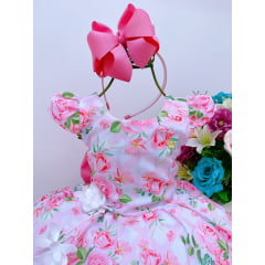 Vestido Infantil Florido Rosa Aplique de Flor Cinto Pérolas