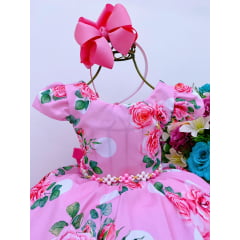 Vestido Infantil Florido Rosa Cinto Pérolas Luxo Princesas