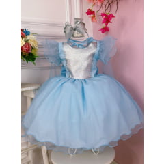 Vestido Infantil Frozen Anna e Elsa Azul C/ Glitter e Capa