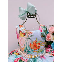 Vestido Infantil Jardim das Borboletas Verde Luxo Pérolas