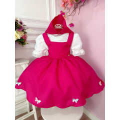 Vestido Infantil Jardineira Pink com Lenço Menina e o Urso