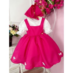 Vestido Infantil Jardineira Pink com Lenço Menina e o Urso