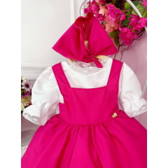 Vestido Infantil Jardineira Pink com Lenço Menina e o Urso