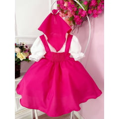 Vestido Infantil Jardineira Pink com Lenço Menina e o Urso