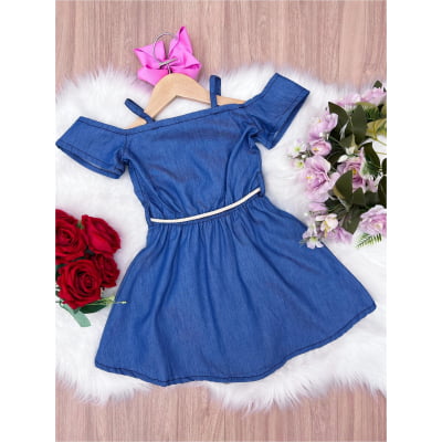 Vestido Infantil Jeans Broche Coração e Cinto Cordão Casual