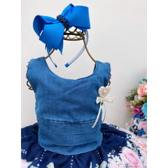 Vestido Infantil Jeans Saia Azul Marinho Flores Borboleta