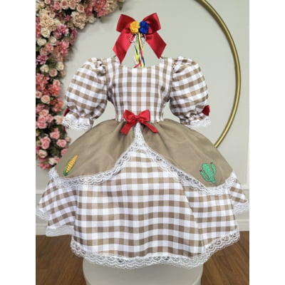 Vestido Infantil Junino Arraiá Caipira Xadrez Marrom Vestido Infantil Junino Arraiá Caipira Xadrez Marrom