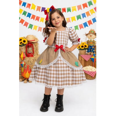 Vestido Infantil Junino Arraiá Caipira Xadrez Marrom Vestido Infantil Junino Arraiá Caipira Xadrez Marrom
