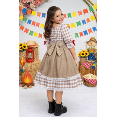 Vestido Infantil Junino Arraiá Caipira  Xadrez Marrom