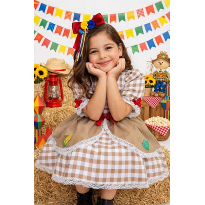 Vestido Infantil Junino Arraiá Caipira  Xadrez Marrom