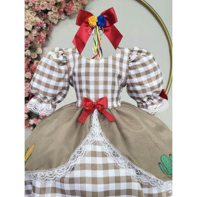 Vestido Infantil Junino Arraiá Caipira  Xadrez Marrom