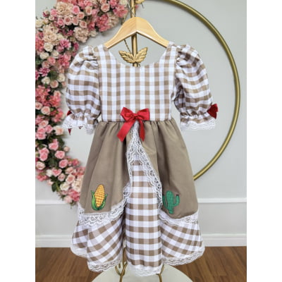 Vestido Infantil Junino Arraiá Caipira  Xadrez Marrom