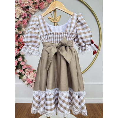 Vestido Infantil Junino Arraiá Caipira  Xadrez Marrom