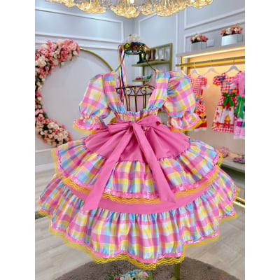 Vestido Infantil Junino Arraiá Capira Xadrez Colorido Rosa