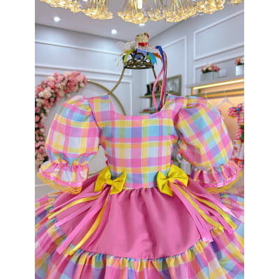 Vestido Infantil Junino Arraiá Capira Xadrez Colorido Rosa