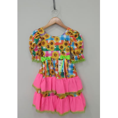 Vestido Infantil Junino Arraiá Colorido Girassol Luxo