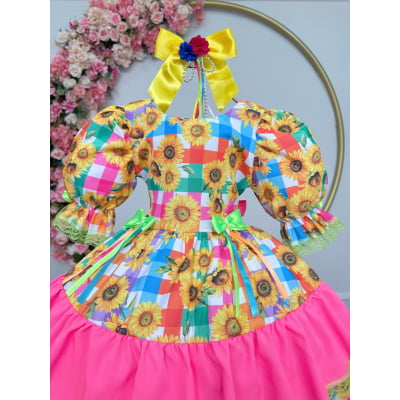 Vestido Infantil Junino Arraiá Colorido Girassol Luxo