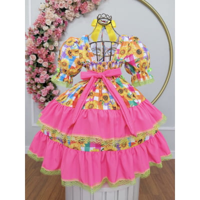 Vestido Infantil Junino Arraiá Colorido Girassol Luxo