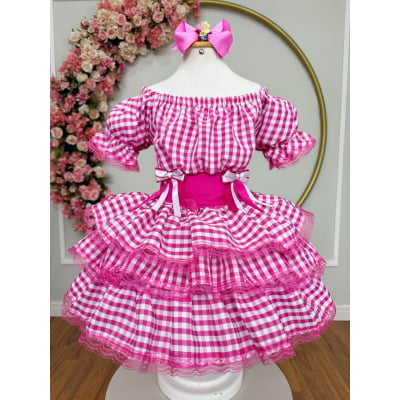 Vestido Infantil Junino Arraiá Festas Pink Xadrez