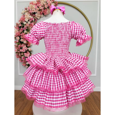 Vestido Infantil Junino Arraiá Festas Pink Xadrez