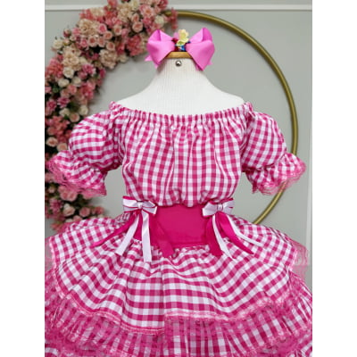 Vestido Infantil Junino Arraiá Festas Pink Xadrez
