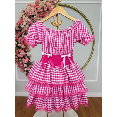 Vestido Infantil Junino Arraiá Festas Pink Xadrez