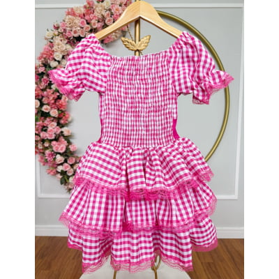 Vestido Infantil Junino Arraiá Festas Pink Xadrez