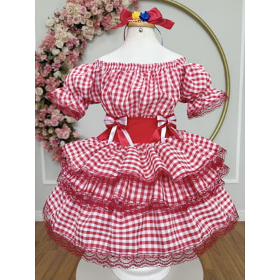 Vestido Infantil Junino Arraiá Festas Vermelho Xadrez