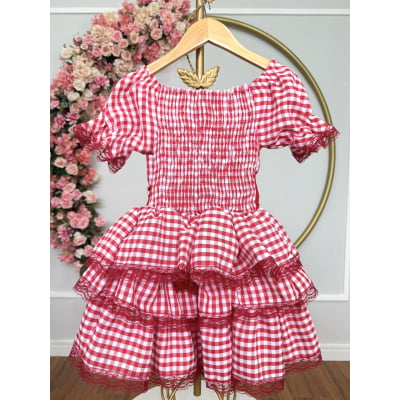 Vestido Infantil Junino Arraiá Festas Vermelho Xadrez