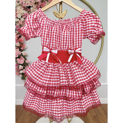 Vestido Infantil Junino Arraiá Festas Vermelho Xadrez