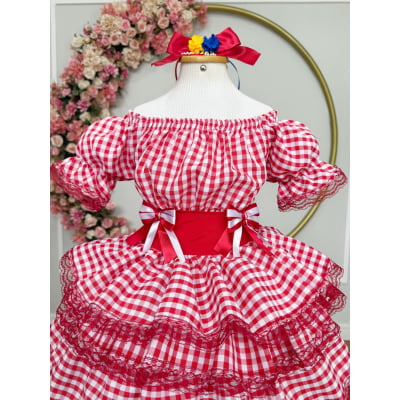 Vestido Infantil Junino Arraiá Festas Vermelho Xadrez