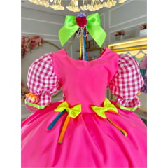 Vestido Infantil Junino Caipira Rosa Neon Colorido Xadrez