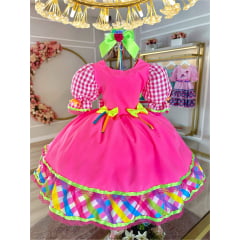 Vestido Infantil Junino Caipira Rosa Neon Colorido Xadrez
