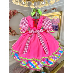 Vestido Infantil Junino Caipira Rosa Neon Colorido Xadrez
