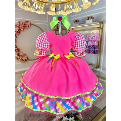 Vestido Infantil Junino Caipira Rosa Neon Colorido Xadrez