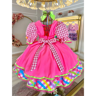 Vestido Infantil Junino Caipira Rosa Neon Colorido Xadrez