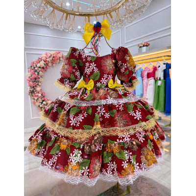 Vestido Infantil Junino Marsala Florido C/ Aplique Lacinhos