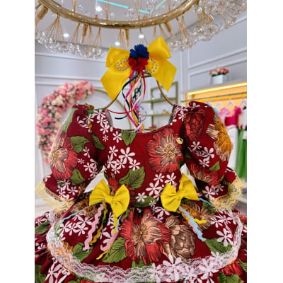 Vestido Infantil Junino Marsala Florido C/ Aplique Lacinhos