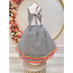 Vestido Infantil Junino Preto e Branco Xadrez C/ Broche