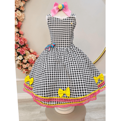 Vestido Infantil Junino Preto e Branco Xadrez C/ Broche