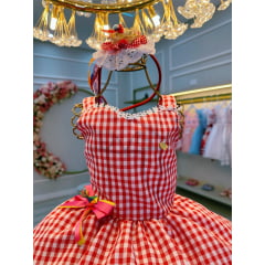 Vestido Infantil Junino Vermelho Xadrez Aplique de Lacinhos