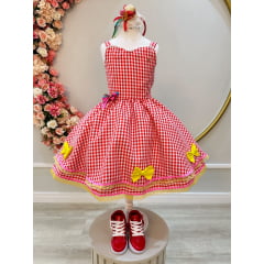 Vestido Infantil Junino Xadrez Vermelho Aplique de Lacinhos