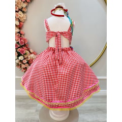 Vestido Infantil Junino Xadrez Vermelho Aplique de Lacinhos