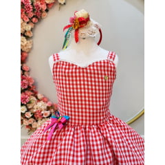 Vestido Infantil Junino Xadrez Vermelho Aplique de Lacinhos