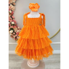 Vestido Infantil Laranja de Alça e Com Plumas Luxo