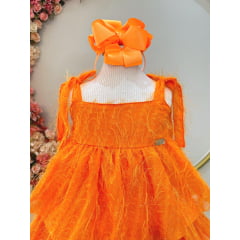 Vestido Infantil Laranja de Alça e Com Plumas Luxo