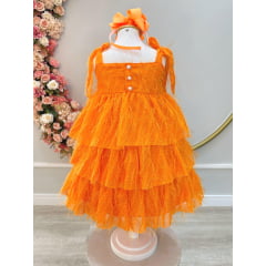 Vestido Infantil Laranja de Alça e Com Plumas Luxo